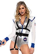 Female space traveler, body costume, hood, belt, front zipper